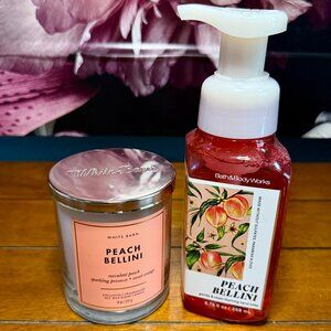 NEW 2-Pc PEACH BELLINI BBW Single Wick Candle & Foaming Hand Soap